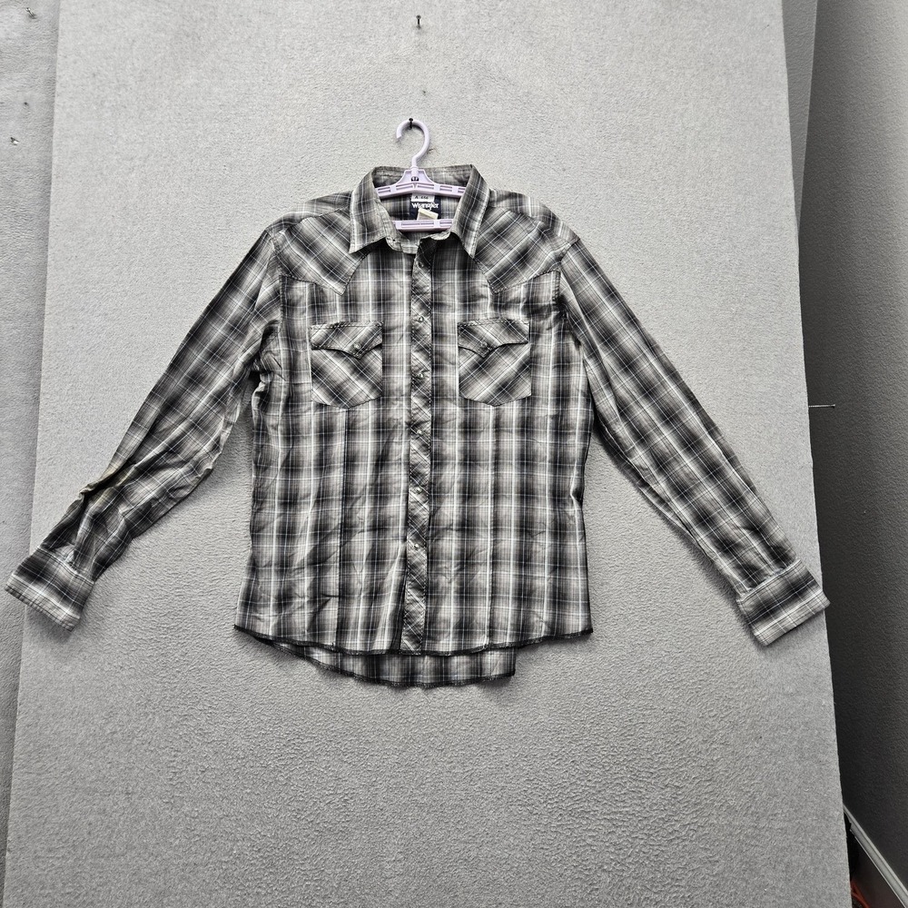 Wrangler Men Button Up Shirt XL Gray Embroidered Casual Shirt Plaid Western Snap